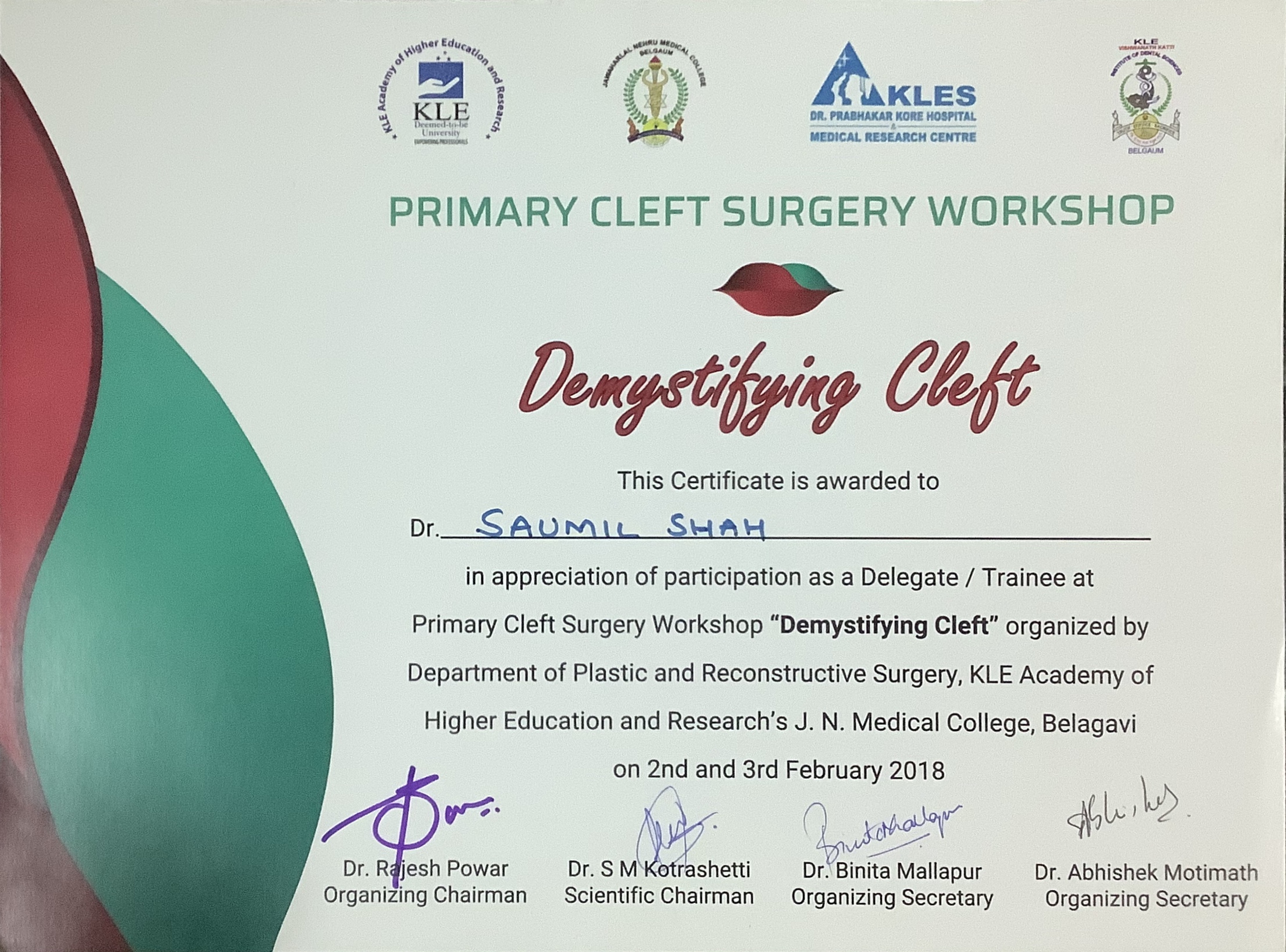 certificate of Demystifying cleft workshop