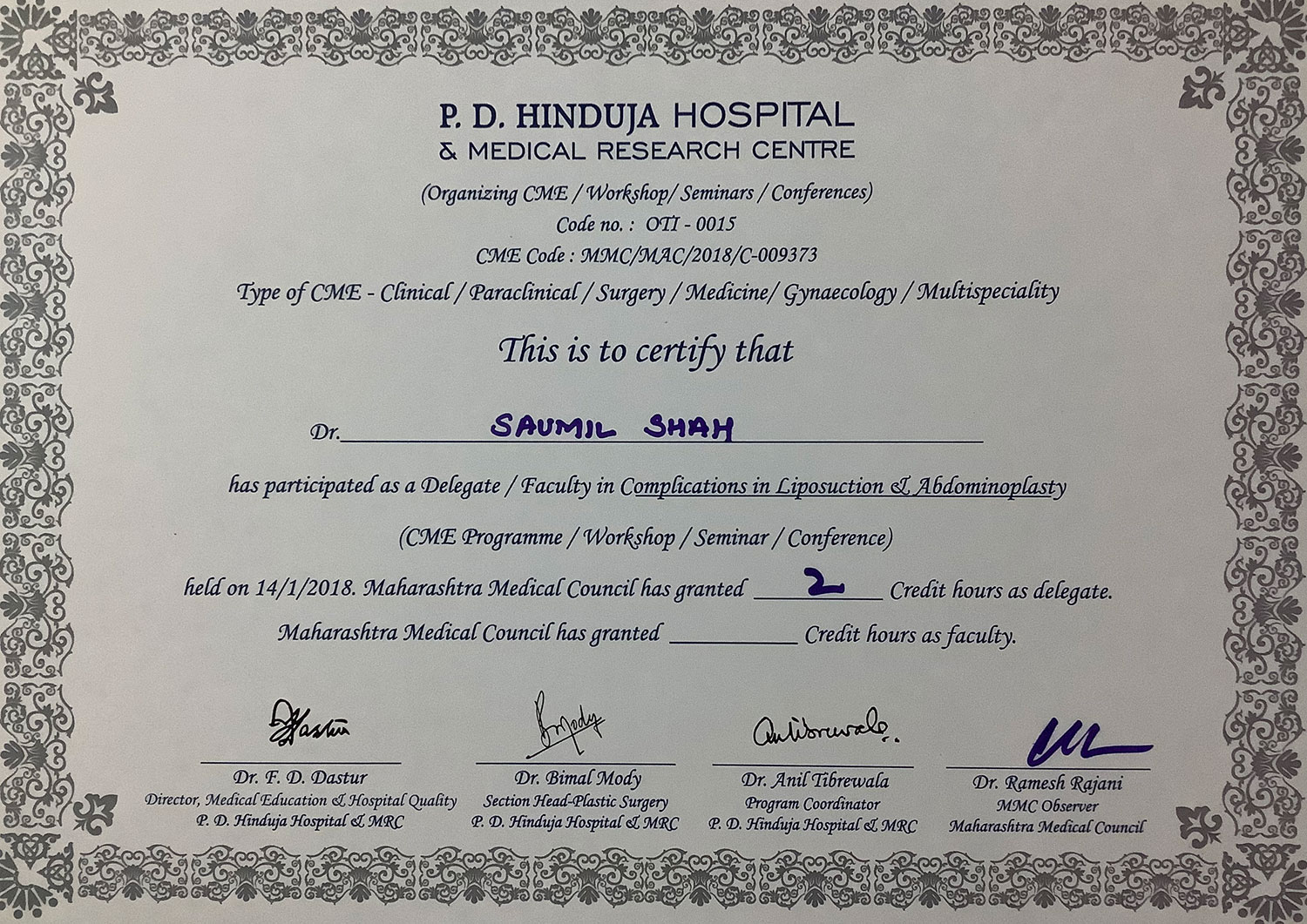 certificate of Hinduja Liposuction course
