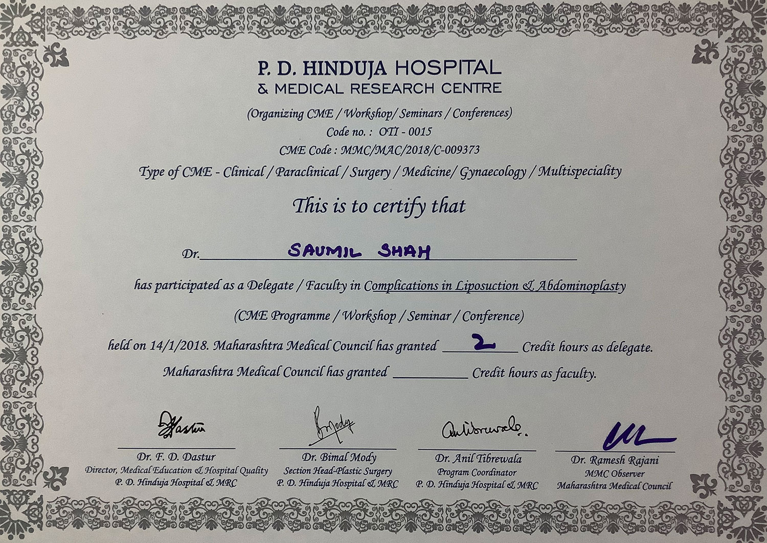 certificate of Hinduja Liposuction course