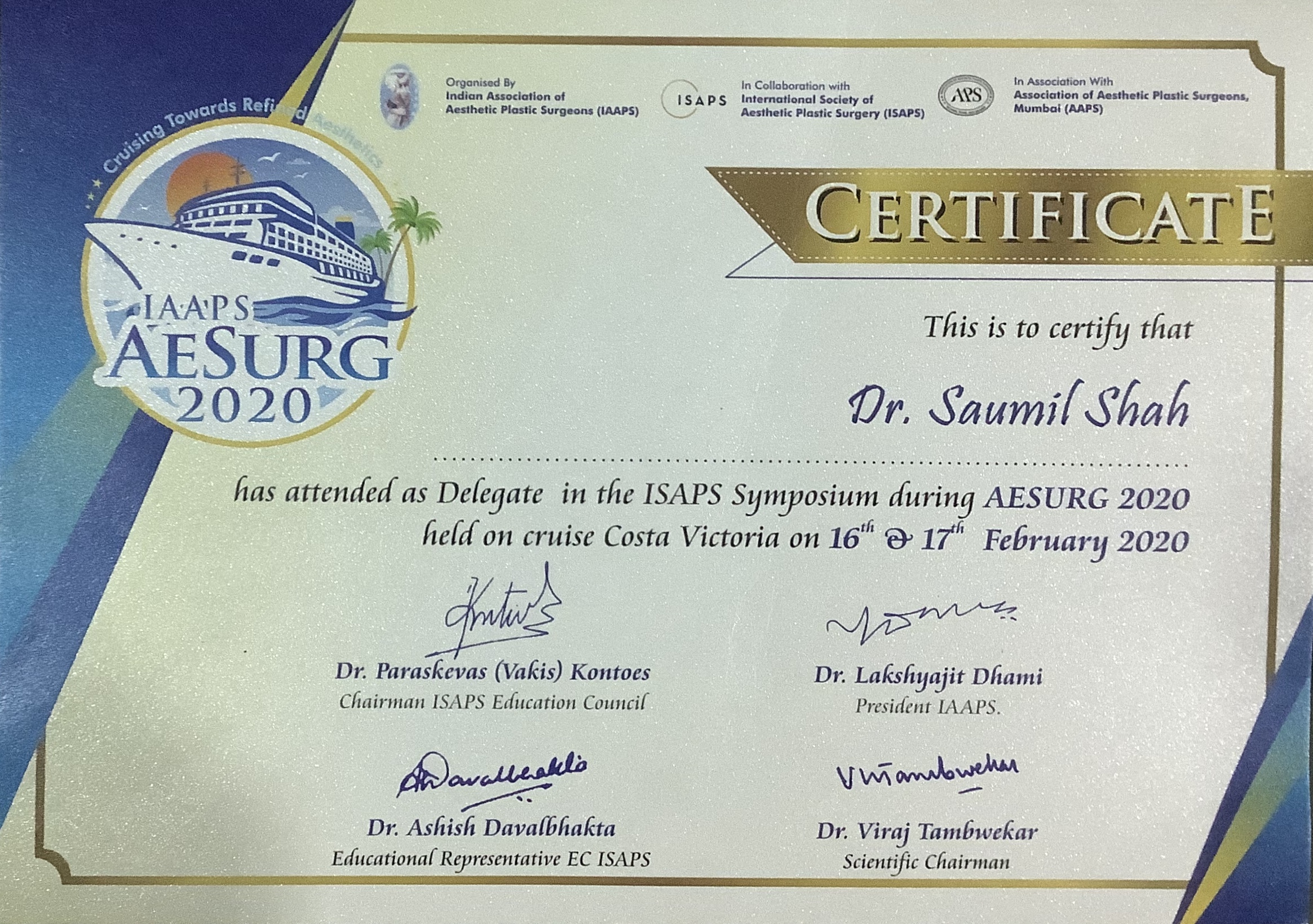 certificate of Isaps aesurg 2020