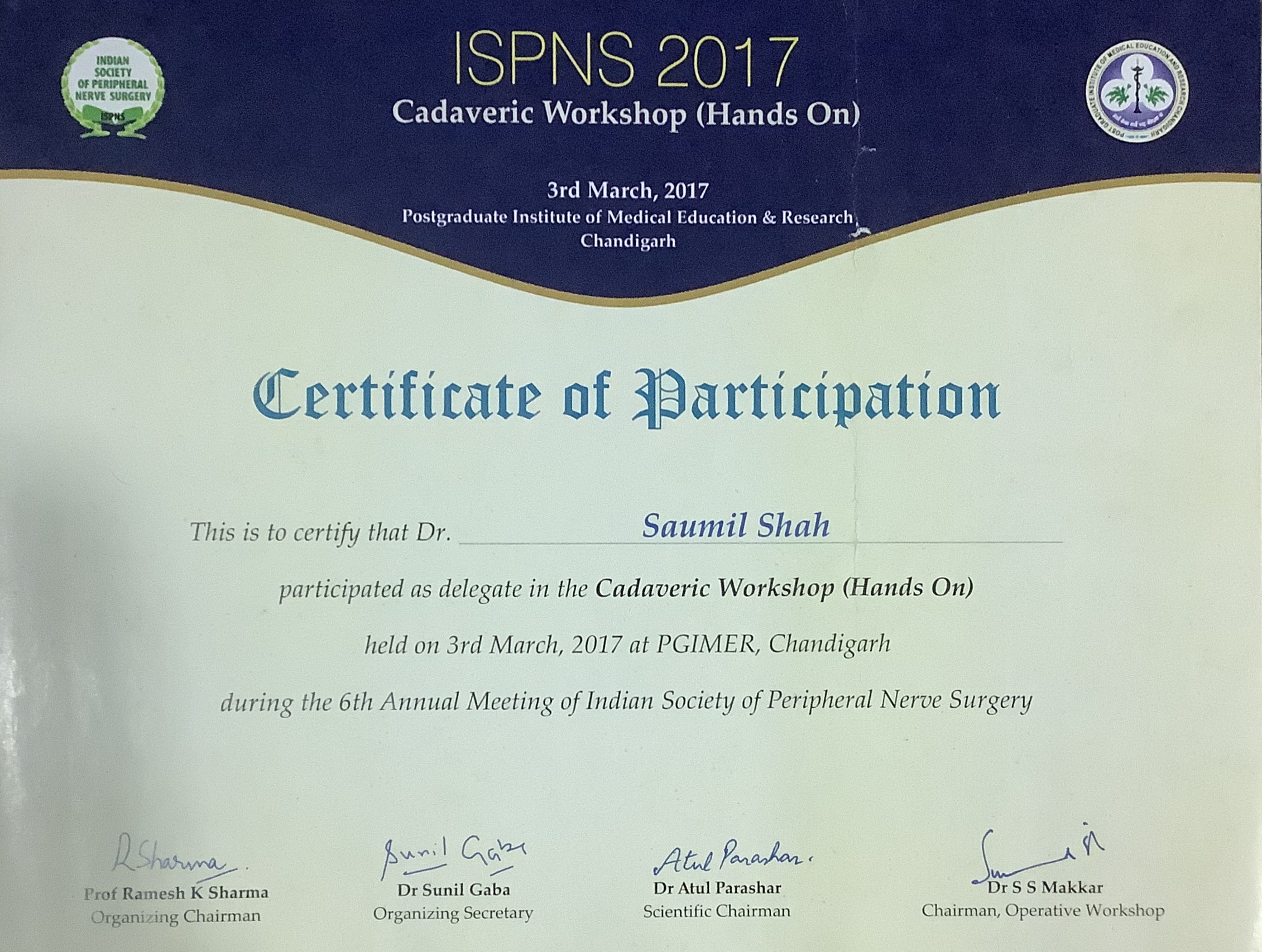 certificate of Ispns cadavers workshop