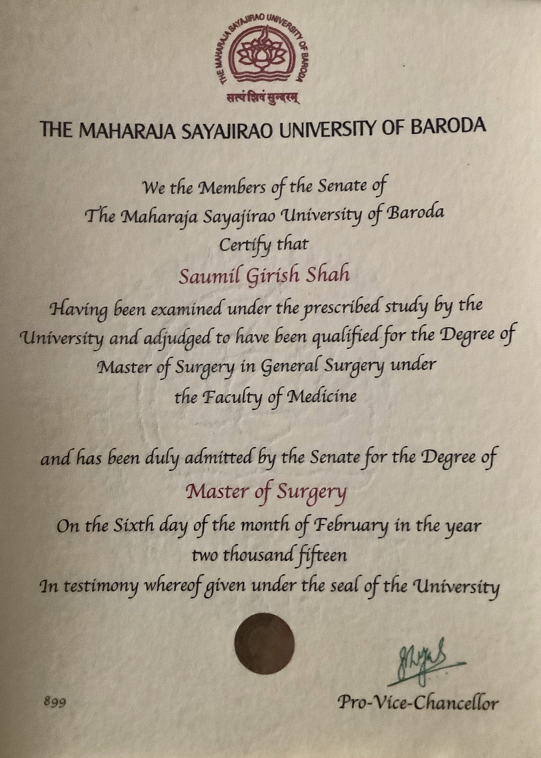 Ms degree of dr saumil shah