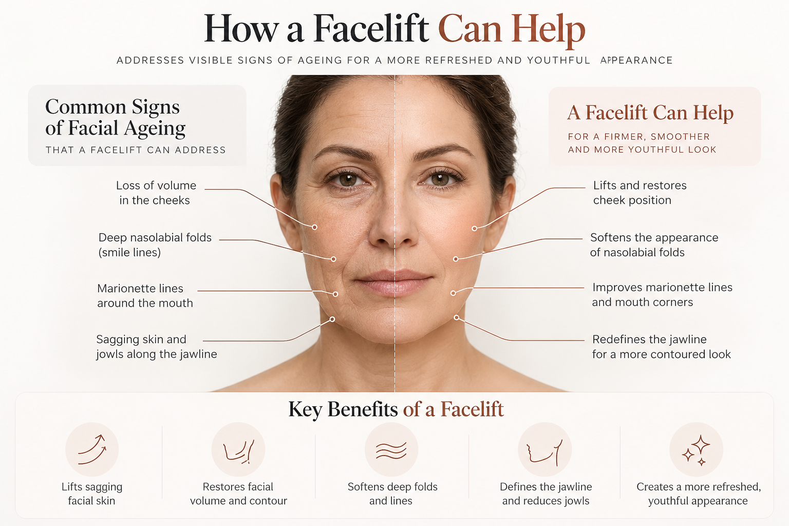 Infographic showing signs of facial ageing that facelift surgery may address, including jowls, deep folds and reduced jawline definition.