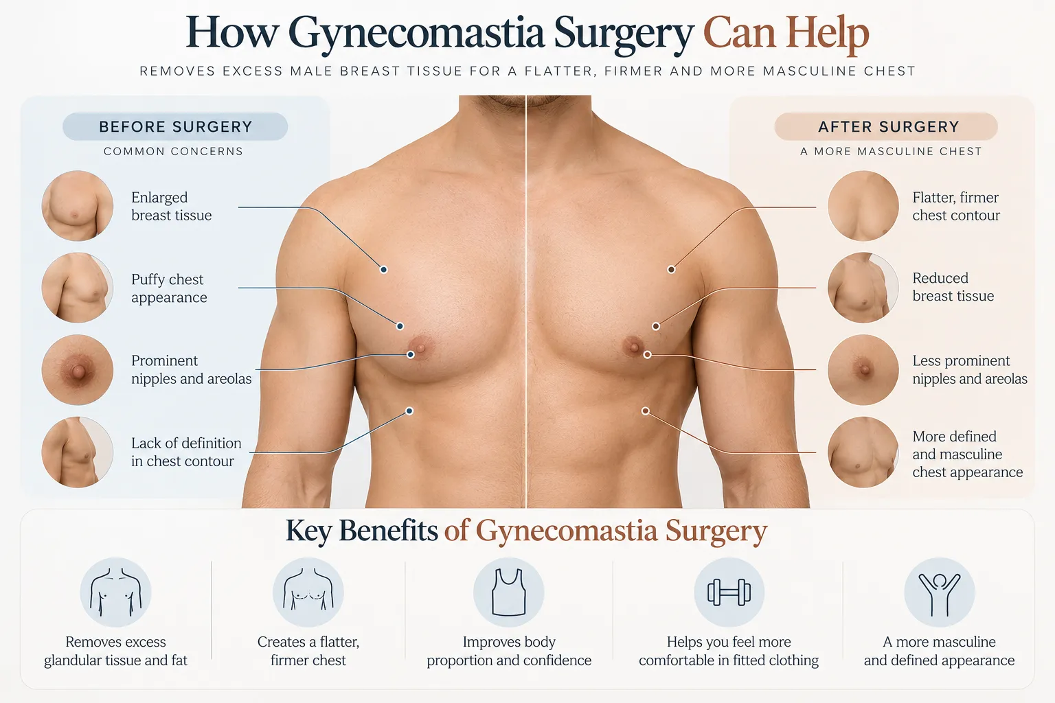 Infographic illustrating common gynecomastia concerns and potential improvements from male breast reduction surgery.